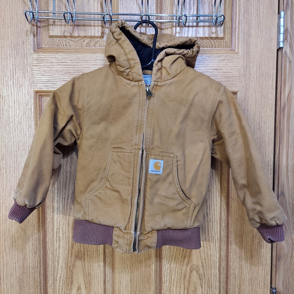 Carhartt Kids Duck Canvas Active Jacket Brown Hooded Coat XXS 4-5‎ CP8417
